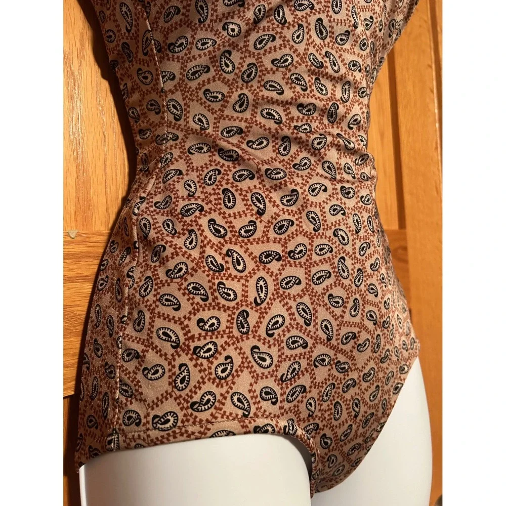 Vintage 70s 80s Cole of California Paisley One Piece Swimsuit Brown Red V-Neck